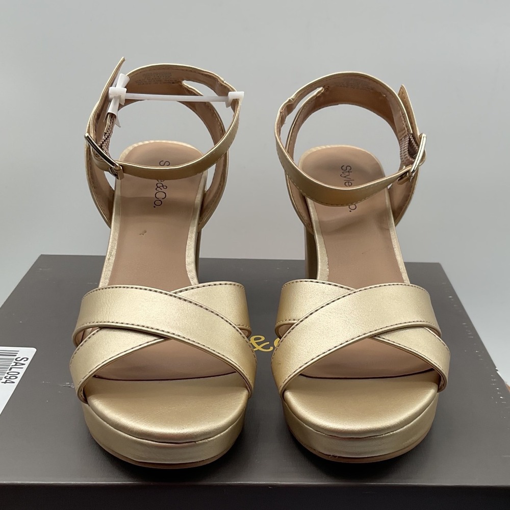 Style & Co Shannon Women Gold Metallic Platform‎ Block Heel Dress Sandals 8.5M